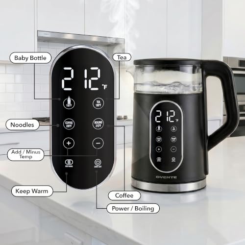 Image of OVENTE 1.7L Electric Kettle with Digital Touchscreen, 1500W, Black KD96B | Fast-Boiling Water Heater, Double-Wall Cool-Touch, 5Hr Keep Warm, Auto Shut-Off, Boil-Dry Protection, Borosilicate Glass
