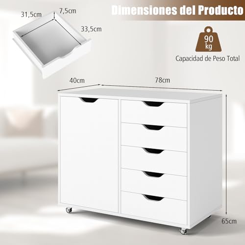 COSTWAY Cajonera para Armario, Cómoda Móvil de 5 Cajones con Estante Ajustable, Soporte para Impresora con 5 Ruedas para Casa, Cómoda de Almacenamiento Vertical de Madera (Blanco) - imagen 3