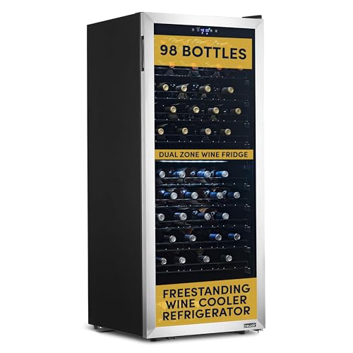 NewAir 24" Dual Zone Wine Fridge for 98 Bottles | Built-In or Freestanding Wine Cooler Refrigerator with Glass Door | Ultra-Quiet Inverter Compressor & Adjustable Racks | Stainless Steel
