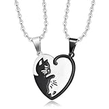 Lindo Gato Parejas Colgante Collar para Mujeres Hombres Acero Inoxidable Negro y Plata Animal Rompecabezas Amor diagramas Cadena Gargantilla día de San Valentín joyería Regalos cumpleaños Amante de