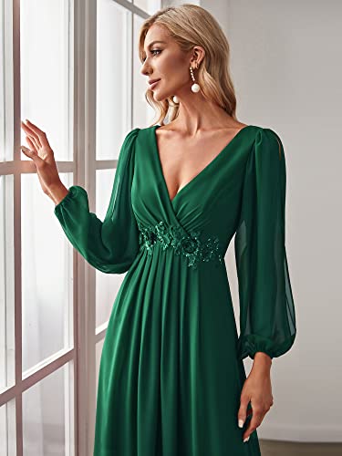 Ever-Pretty Women's Maxi Pleated Floral Embroidered A-line Plus Size Graduation Dress Long Sleeve Dress for Women Green US18