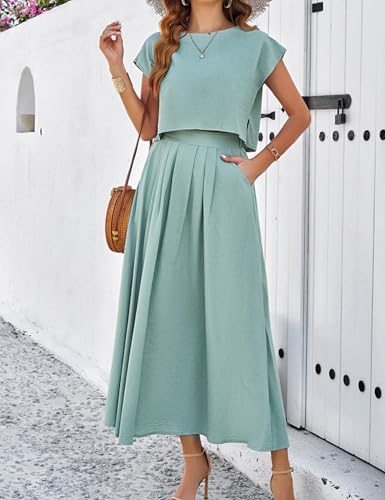 Image of Mingzhu Womens 2 Piece Outfits Skirt Set Summer Casual Cap Sleeve Crop Tops Maxi Dress Sets with Pockets
