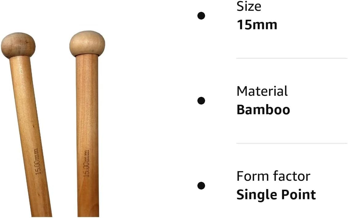 Bamboo Knitting Needles Pair, 35cm Long Single Point Knitting Needle Set 4mm - 25mm (15mm), Brown - Image 2