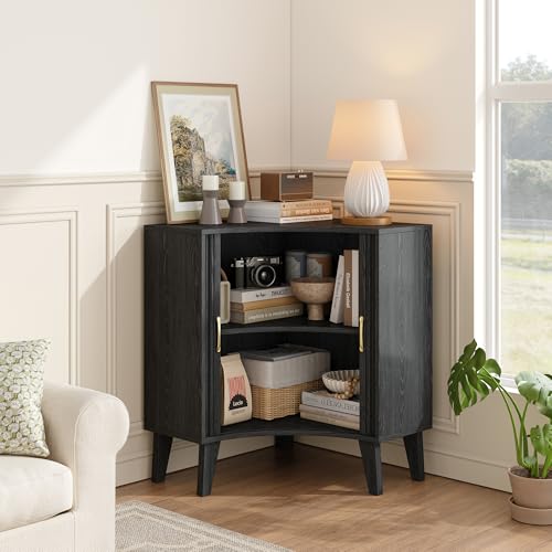 Image of Fluted Corner Cabinet, Small Corner Floor Cabinet with 2-Sliding Doors and Adjustable Shelves, Freestanding Narrow Organizer for Small Space,Living Room, Dining RoomBathroom.Black
