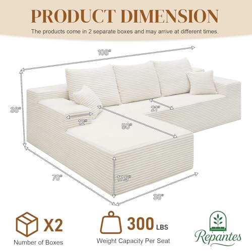 Image of 108 inch L Shaped Boneless Sectional Couches for Living Room, Comfy Corduroy Floor Cloud Sofa with Chaise, Wide Armrest, Deep Seat, Memory Foam, Assembly Free, Ideal for Small Spaces, White