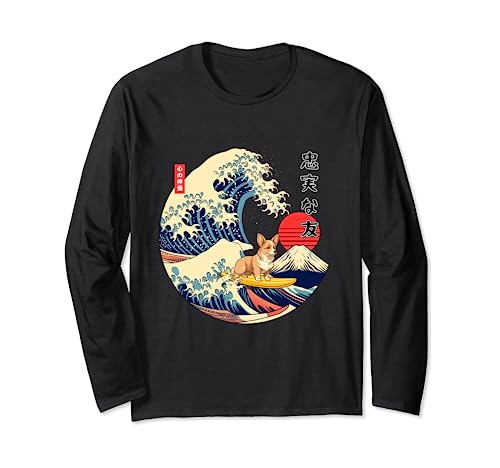 Fawn Corgi Japanese Kanagawa Wave Surf Loyal Dog Long Sleeve T-Shirt