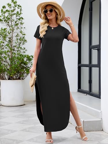 Heymoments Womens Summer Maxi Dress Black XX-Large Short Sleeve Casual Loose Fitted Long T Shirt Ladies Flowy Dresses Split Cute Vacation Party Beach Travel Elegant Sundress with Pockets — view 5