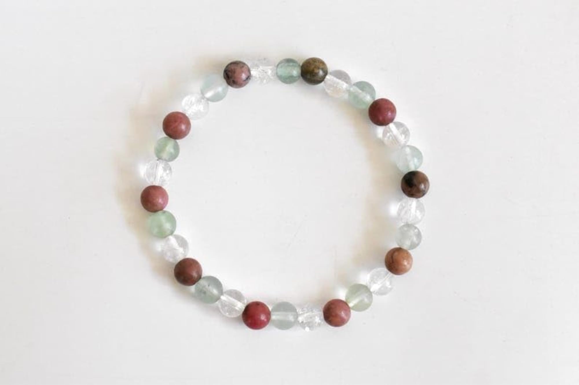 Unisex Natural Rhodonite, Green Fluorite & Clear Quartz 8mm Round Bead Stretchable Bracelet