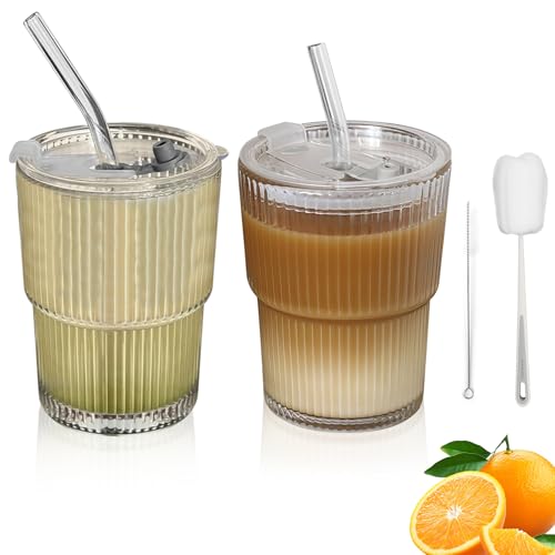 QGGTQG 400ml Glasbecher mit Deckel und Strohhalm 2 Stück Kaffeebecher Travel Mug Glas Smoothie Becher Geriffelte Glasbecher Luftdicht Wasserdicht Design für Tee, Milch, Eiskaffee (400ml)
