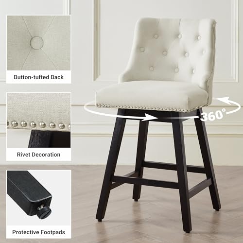 Busaurus Swivel Bar Stools Counter Height, 26" Upholstered Swivel Counter Stools with Back Set of 3, Modern Kitchen Island Stools with Solid Wood Legs, White