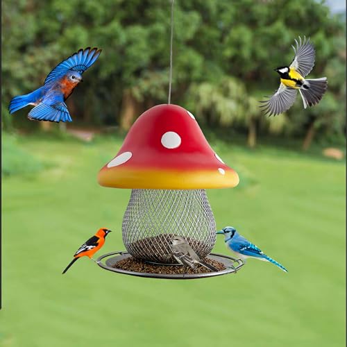 Mushroom Solar Bird Feeders for Outdoors, Metal Wild Cute Bird Feeder with Resin Red Mushroom, Hanging Window Shine Bird Feeder Proof Waterproof for Outdoors Garden Yard Decor