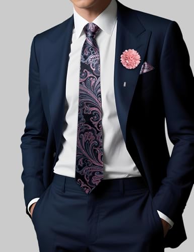 Image of DiBanGu Mens Zipper Tie Silk Pre-Tied Necktie with Gift Box | Jacquard Woven,Paisley Solid Plaid Pattern,6PCS with Pocket Square,Cufflinks and Lapel Pin,for Wedding Party Formal Business