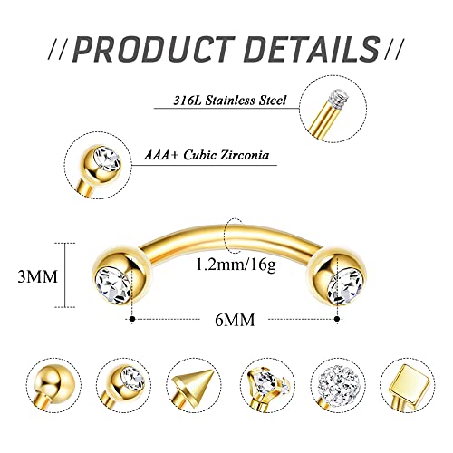 JOERICA 12Pcs 16G Rook Daith Earrings for Women Stainless Steel Eyebrow Piercing Jewelry Curved Barbell Short Belly Lip Rings 6mm 8mm2