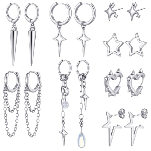 Quelay 8 Pairs Teardrop Spike Star Hoop Earrings Goth Gothic Grunge Emo Punk Y2k Kpop Tassel Chain Drop Stud Earrings Christmas Jewelry Gifts for Women