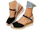 Orthopedic Platform Wedge Sandals for Women Summer Dressy 2023 Flat Open Toe Ankle Strap Espadrilles Sandals Casual Strappy Slip on Sandals Beach Boho Sandals Comfortable Outdoor Shoes (1-Black, 7.5)