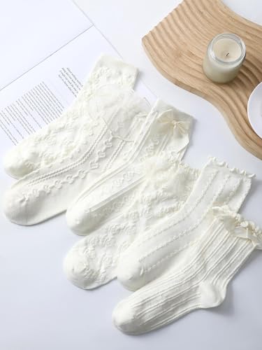 6 Pairs Ruffle Socks Women Frilly Lace Ankle Socks Cream Lolita Princess Bow Breathable2