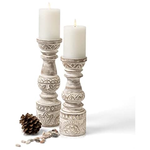 Set-of-2-tall Candle-Holders | Decorative Wood Candle Holders Set | 10" high and 12" high | White Washed Hand Carved Candle Holders for Table Centre Piece Cover