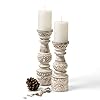 Kurrajong Farmhouse Farmhouse Candle Stands - Set of 2 Tall Candle Holders | Decorative Wood Candle Holders Set | 10" and 12" high | White Washed Candle Holders for Table Centre Piece