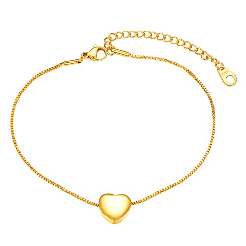 U7 Gold Chain Anklets 9 Inch 18K Gold Plated Dainty Box Chain Heart Charm Bracelet Anklet Foot Jewelry for Men Women