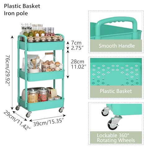 Image of Sywhitta 3-Tier Plastic Rolling Utility Cart with Wheels for Storage, Green | Multi-Functional Storage Trolley, for Office, Living Room, Kitchen, Bathroom,Movable Organizer,Space-Saving,Easy to assemble