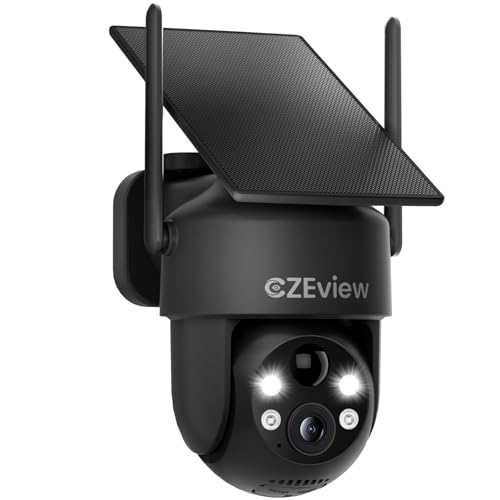 CZEview 2K 3MP HD Überwachungskamera Aussen Akku Solar, 100% Kabellos, 360° PTZ Kamera Überwachung Außen mit Bewegungsmelder, 2.4GHz WLAN, Farbige Nachtsicht, Echtzeit-Warnungen (Schwarz)