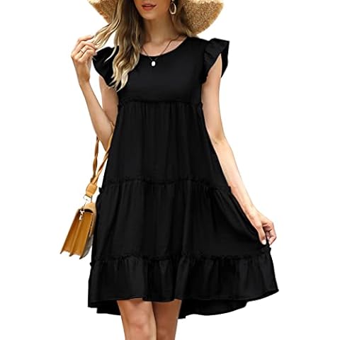 MISSKY Womens Cap Sleeve Babydoll Dress Crew Neck Cute Summer Flowy Swing Dress Ruffle Tiered Hem Loose Mini Tunic Dresses, Black, X-Large Cover