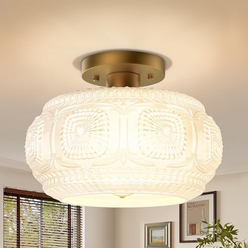 Image of 11 Inch Milk Glass Semi Flush Mount Ceiling Light Fixture, Gold