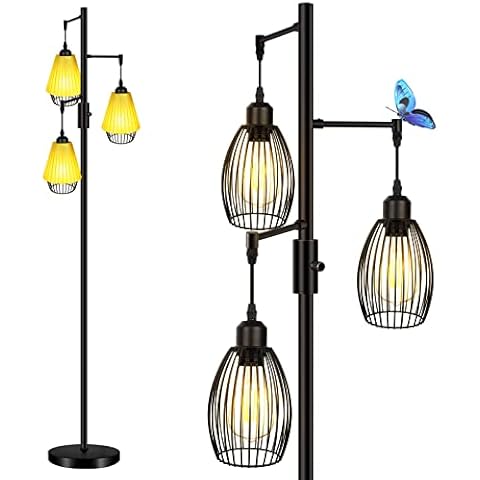 HiBay LED Floor Lamp Dimmable, Industrial Rustic Farmhouse LED Floor Light for Living Room Bedroom, Standing Tree Lamps Room Decor with Eye-Caring Lampshade, 3 x 8W 800LM LED Bulbs Included Cover
