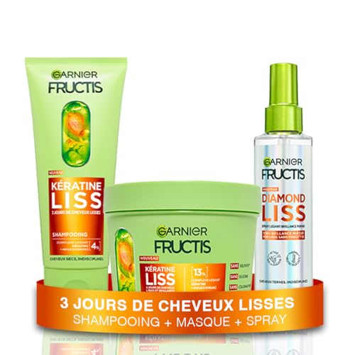 Garnier Fructis Kératine Liss – Routine 3 Produits : Shampooing, Masque & Spray Cheveux Lissant Diamond Liss – Kératine Végétale & Huile d’Argan –...