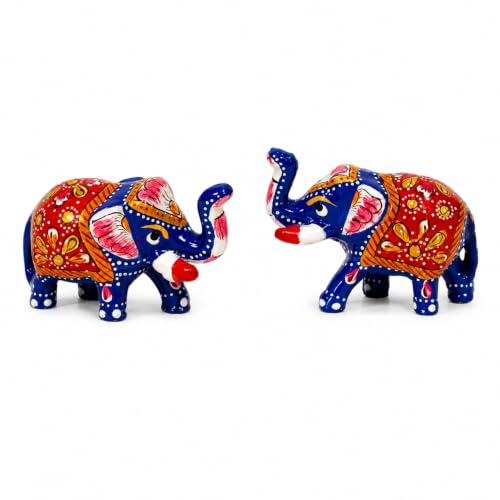 Image of eCraftIndia Handcrafted Multicolor Elephant Showpiece Set of 2 for Home Decor | Traditional Rajasthani Painted Elephant Figurines | Decorative Table Accent, Lucky Gift & Office Desk Decor