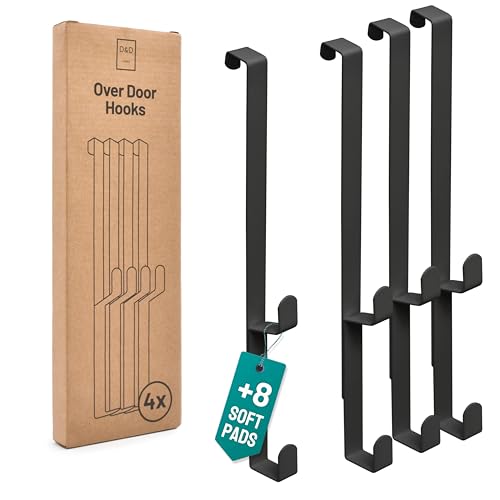 D&D Living® Ganchos para Puertas hasta 16 mm | 4x Ganchos Dobles para Perchero de Puerta | Gancho para Ropa para Puerta y Armario (Negro)