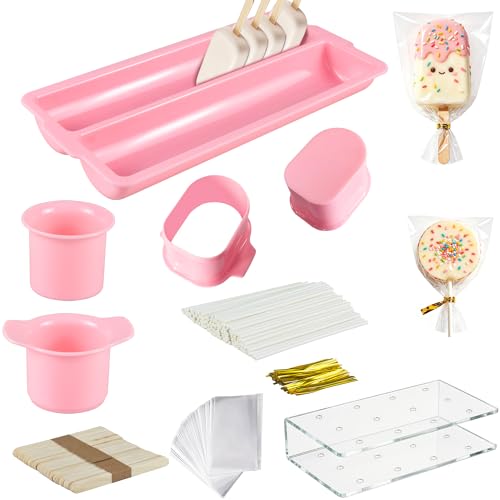 Cakesicle Cutter and Cake Pop Mold with Tray Stand Stick Bag and Tie-Pink