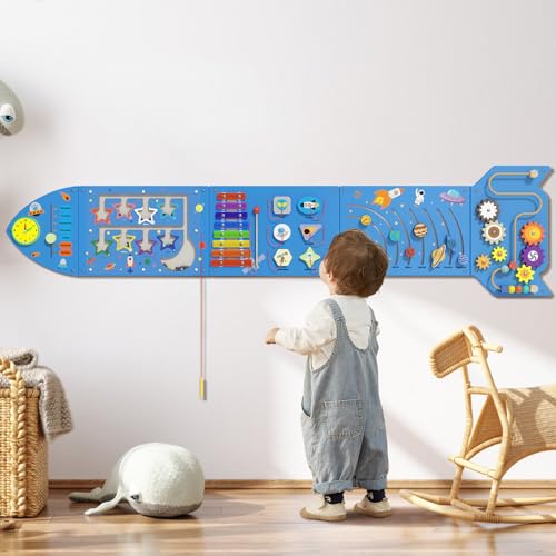 Image of Spacocld Rocket Activity Wall Busy Board Panels - Sensory Wall Panel for Kids, Montessori Toddler Wall Activity Board, Wall Toys for Toddlers 3, Activity Cube, Wooden Multi-Activity Boards, Blue(5PCS)
