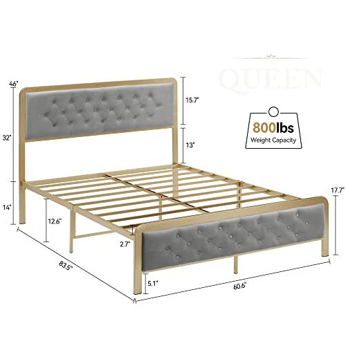 Alkmaar Golden Queen Size Bed Frame,Upholstered Bed Frame With Button Tufted Headboard,Heavy Duty Metal Easy Assembly,No Box Spring Needed (Grey, Queen) #TOP1