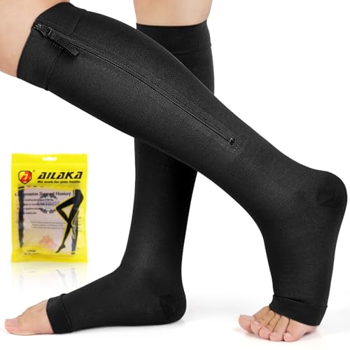 Image of Ailaka Zipper Compression Socks for Women Men, 20-30 mmHg Open Toe Compression Socks Knee High, Ted Hose Compression Stockings for Edema, Varicose Veins