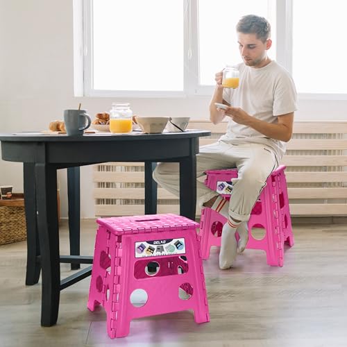 Image of Delxo Folding Step Stool, 13 inch Non-Slip Foldable Stools for Kids & Adults Up to 300 LBS, Step Stool with Handle, Lightweight for Kitchen, Bathroom, Bedroom, Garden, Rose Pink, 1PC