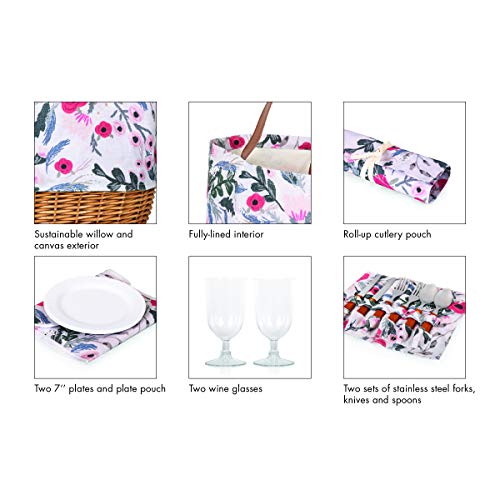 Picnic TIME Promenade Picnic Basket for 2, Canvas and Willow Picnic Set - Includes Utensil Set, Glasses, and Plates, (Floral Pattern) - Thumbnail 4