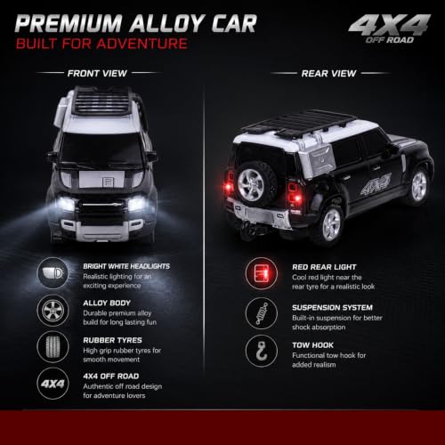 Image of 1:64 Scale RC 4x4 SUV Alloy Die-Cast Remote Control Car - 2.4GHz Rechargeable Off-Road Crawler with LED Lights | Roof Rack Spare Tire for Kids 6+ Years (Black)