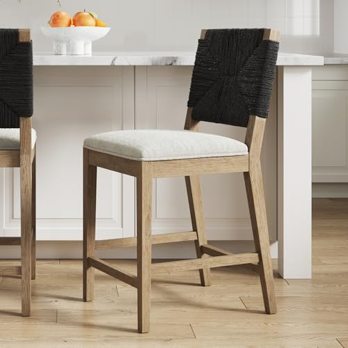 Nathan James Beacon Bohemian Boucle Bar Stool, Upholstered Bar Stool or Island Chairs for Kitchen, Seagrass Counter Height Stool with Back and Solid Wood Legs, Cream Boucle/Gray