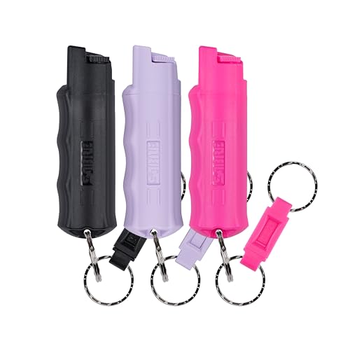 SABRE Pepper Spray with Quick Release Keychain for Self Defense – Multi Pack Max Strength OC with UV Marking Dye, Twist Lock Safety, Finger Grip, 10‑Sec. Spray, 14‑ft Range, Made in USA, 0.54 fl oz
