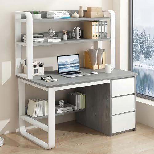 Consejos para Comprar Muebles para Computadora para comprar online. 49 TRIUMPHKEY Escritorio con Cajones y Repisas PC Desk Gris para Computadora Mesa Minimalista con Estantes De Almacenamiento De 3 Niveles Muebles pequeños para Oficina,Recamara,Sala...