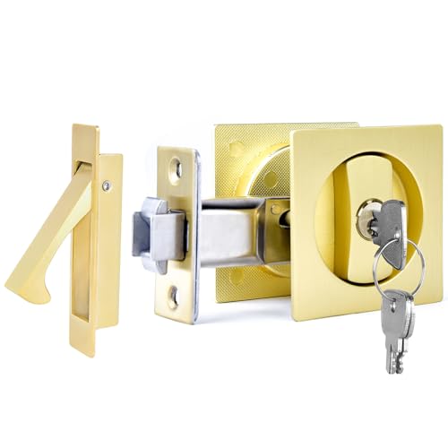 Dontay Pocket Door Key Lock with Edge Pull Handle,2 3/8" Backset,Stainless Steel Recessed 2 Sided,Hardware for 1 3/8" to 2 3/16" Sliding Door&Bathroom Doors (Satin Brass, Square - 1 Set)
