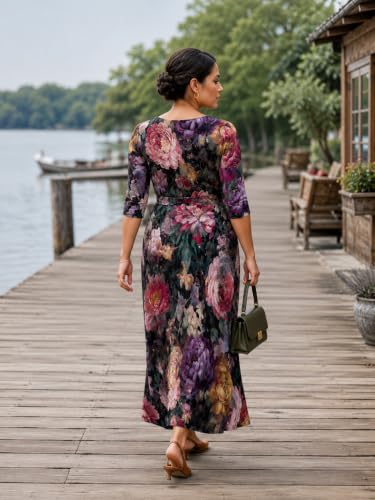 Image of SUZONANA Plus Size Dresses for Women Floral Print Maxi Dress Flowy 3 /4 Sleeve with Belt