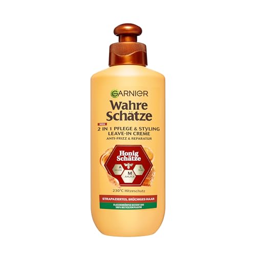 Garnier Wahre Schätze Honig Schätze 2-in-1 Pflege & Styling Leave-In Creme, reparierendes Leave-In gegen Frizz mit Hitzeschutz, 200 ml