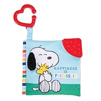 Kids Preferred Peanuts Snoopy Baby Stuff Fun Crinkle Book with On The Go Travel Clip Teether Soft Sensory Book for Babies & Toddlers, 5.25x5.25 Inches
