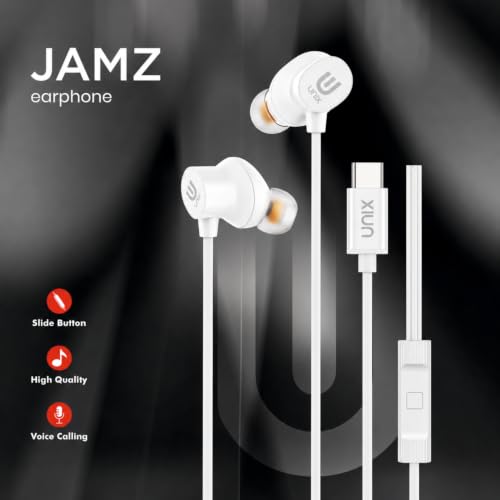 Image of Unix JAMZ Type-C Earphones with 10mm Dynamic Driver, Super Bass Boosted Sound, in-Ear Headphones with Mic, 1.2m Cable, Noise Isolation Earbuds for Android Phones, Tablets & Type-C Devices - White