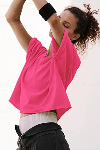 Image of HUGOOME Womens Oversized Workout Crop Top Casual Short Sleeve Boxy Roll Hem | Basic Half Split Sleeve Drop Shoulder Loose Yoga Running Gym Tee Cropped T-shirt Solid Trendy Relaxed Daily Tee