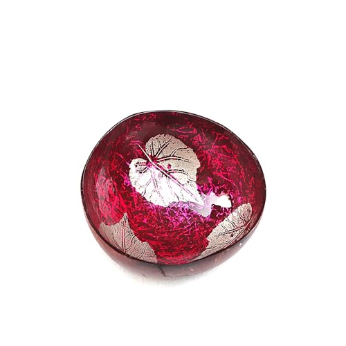 Hiseng Key Bowl,Hand Painted Natural Coconut Bowls,Leaf Print Decorative Bowl,Key Bowl for Hallways,Storage Bowl for Jewellery,Nuts,Candy (Pink)