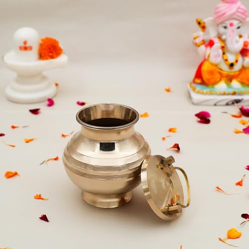 IDAHA Brass Pavitra Kamandal | Gangajali | Kalash | Lota | with Lid for Gangajal | Holy Water Pot for Temple & Home and All Pooja (Capacity : 400ml | Size : 11cm | Weight : 229gm Approxe)