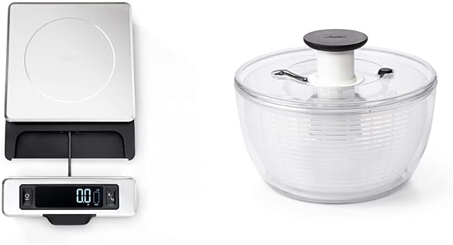 OXO Good Grips 11-Pound Stainless Steel Food Scale with Pull-Out Display and OXO Good Grips Large Salad Spinner - 6.22 Qt., White